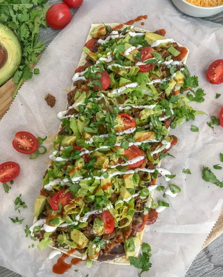 Loaded Skinny Taco Flatbread Pizza - With Peanut Butter on Top