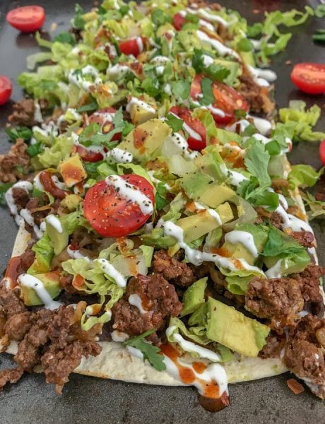 Loaded Skinny Taco Flatbread Pizza - With Peanut Butter on Top