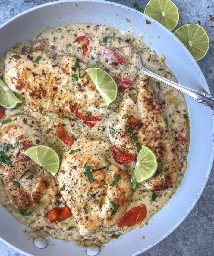 Creamy Cilantro Lime Chicken - an easy, creamy and flavorful chicken dish that is guaranteed to become a favorite at your dinner table! #cilantrolime #chicken #onepan #easy | https://withpeanutbutterontop.com