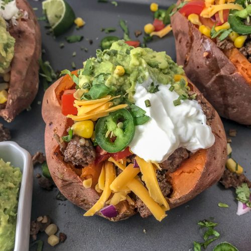 Taco Stuffed Sweet Potatoes With Peanut Butter On Top