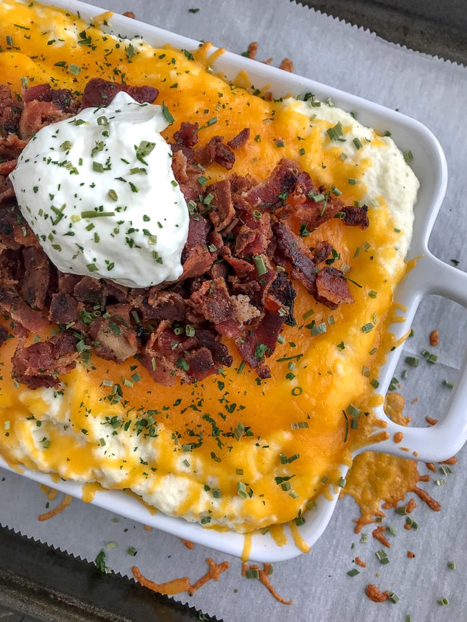 Creamy Garlic Butter Loaded Mashed Cauliflower With Peanut Butter On Top