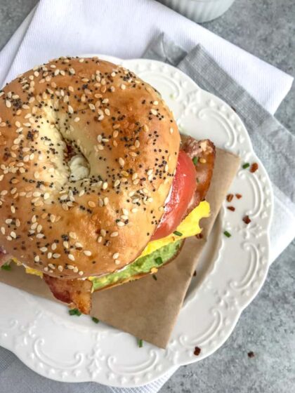 Bacon Egg and Avocado Breakfast Bagel - With Peanut Butter on Top