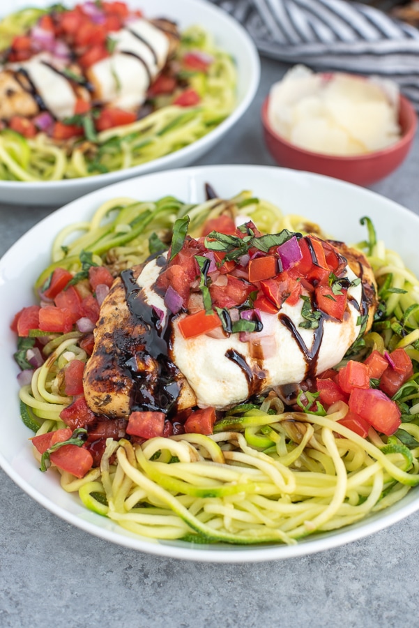 Grilled Bruschetta Chicken With Zoodles With Peanut Butter On Top